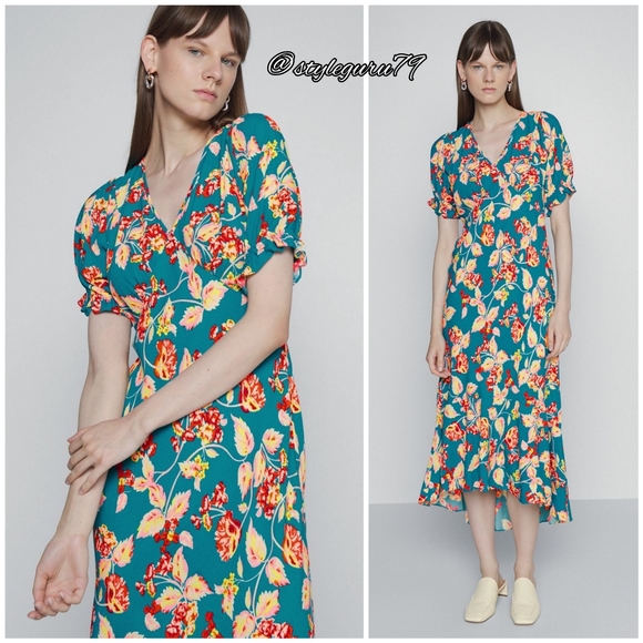DVF Diane von Furstenberg, Orla Floral Print Dress in Birtwell Cloud Turquoise - Picture 2 of 2